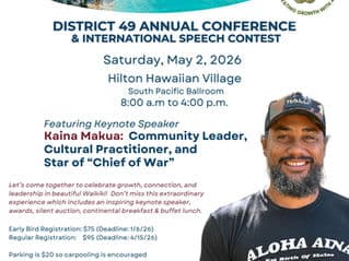 Kaina Makua to Keynote Toastmasters District 49 Conference