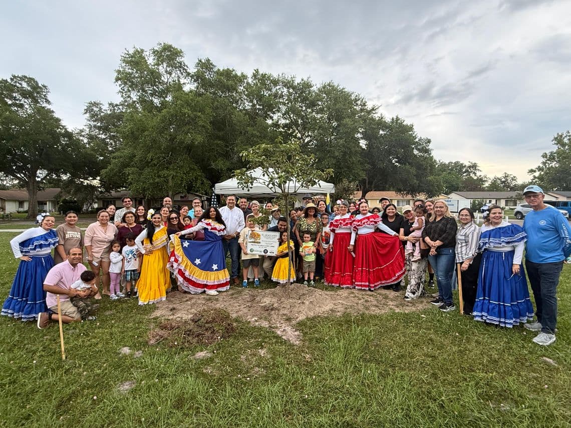Venezolanos en Sanford plants Venezuela's national tree at Groveview Park