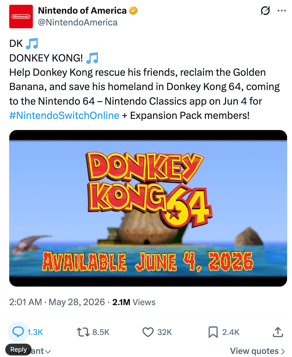 Donkey Kong 64 joins Switch Online with widescreen and save states