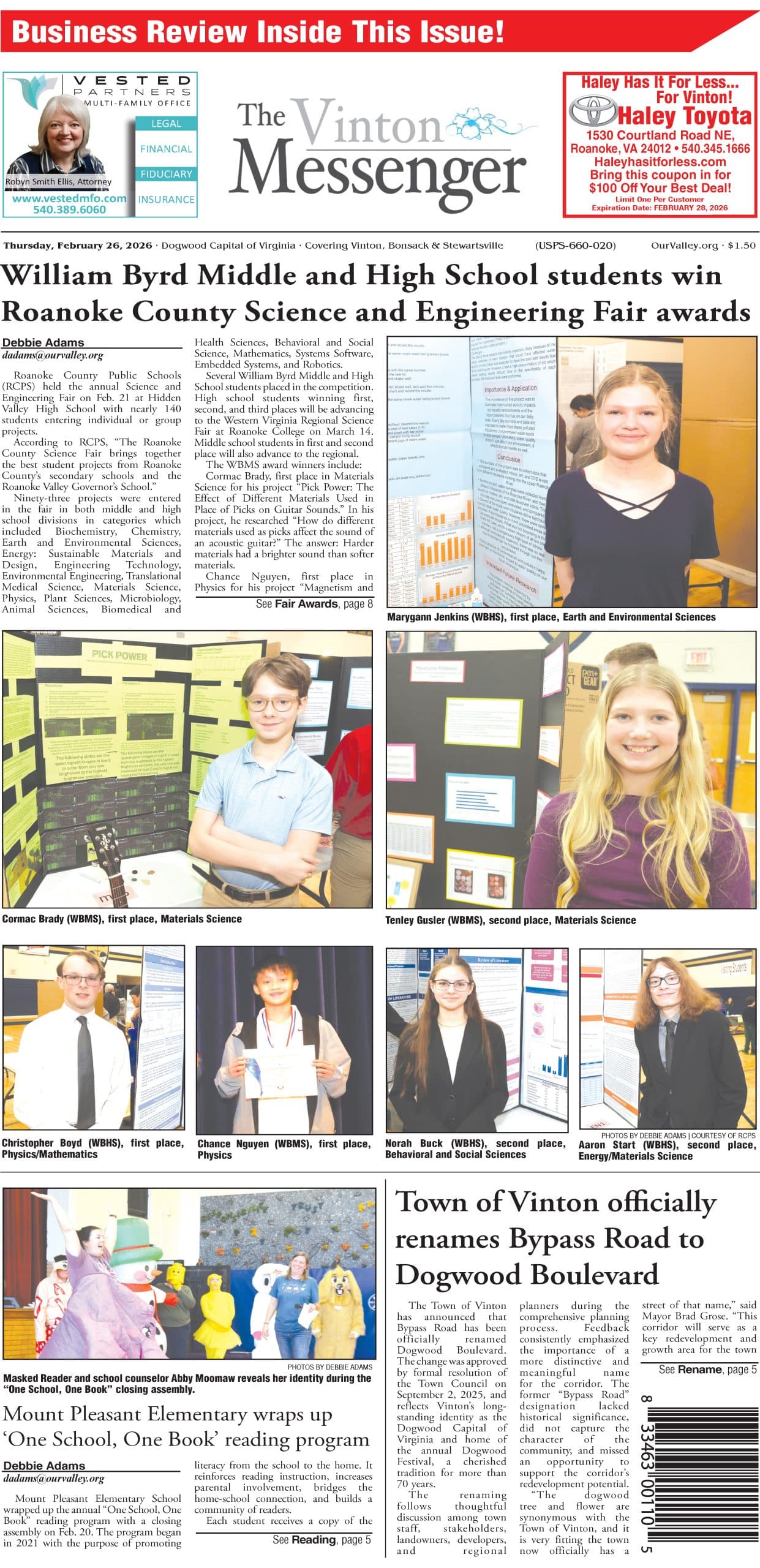 Vinton eMessenger Releases Feb. 26, 2026 e-edition With Local Notices