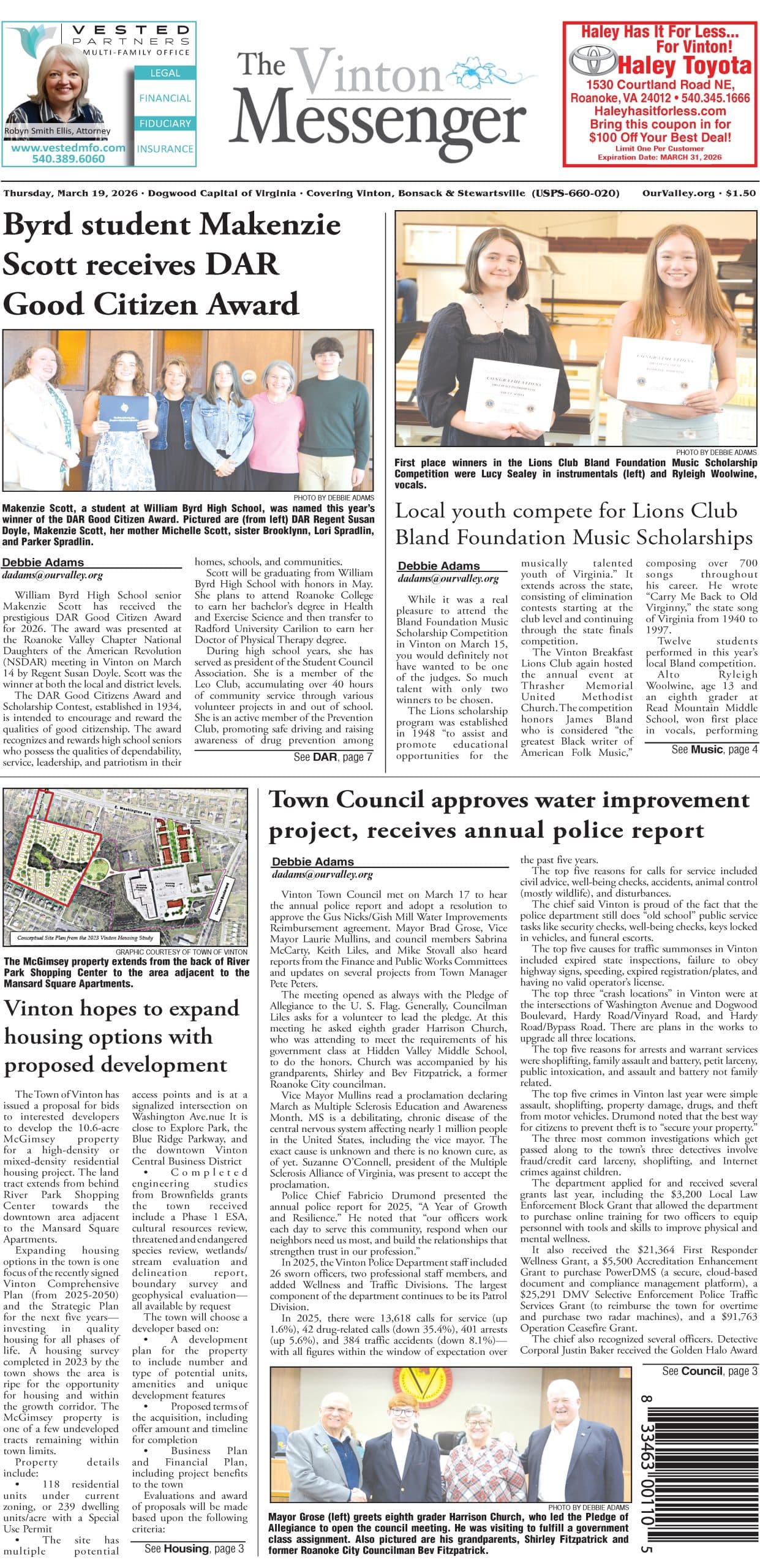 Vinton Messenger March 19 Edition Brings Local News, Notices, and Events