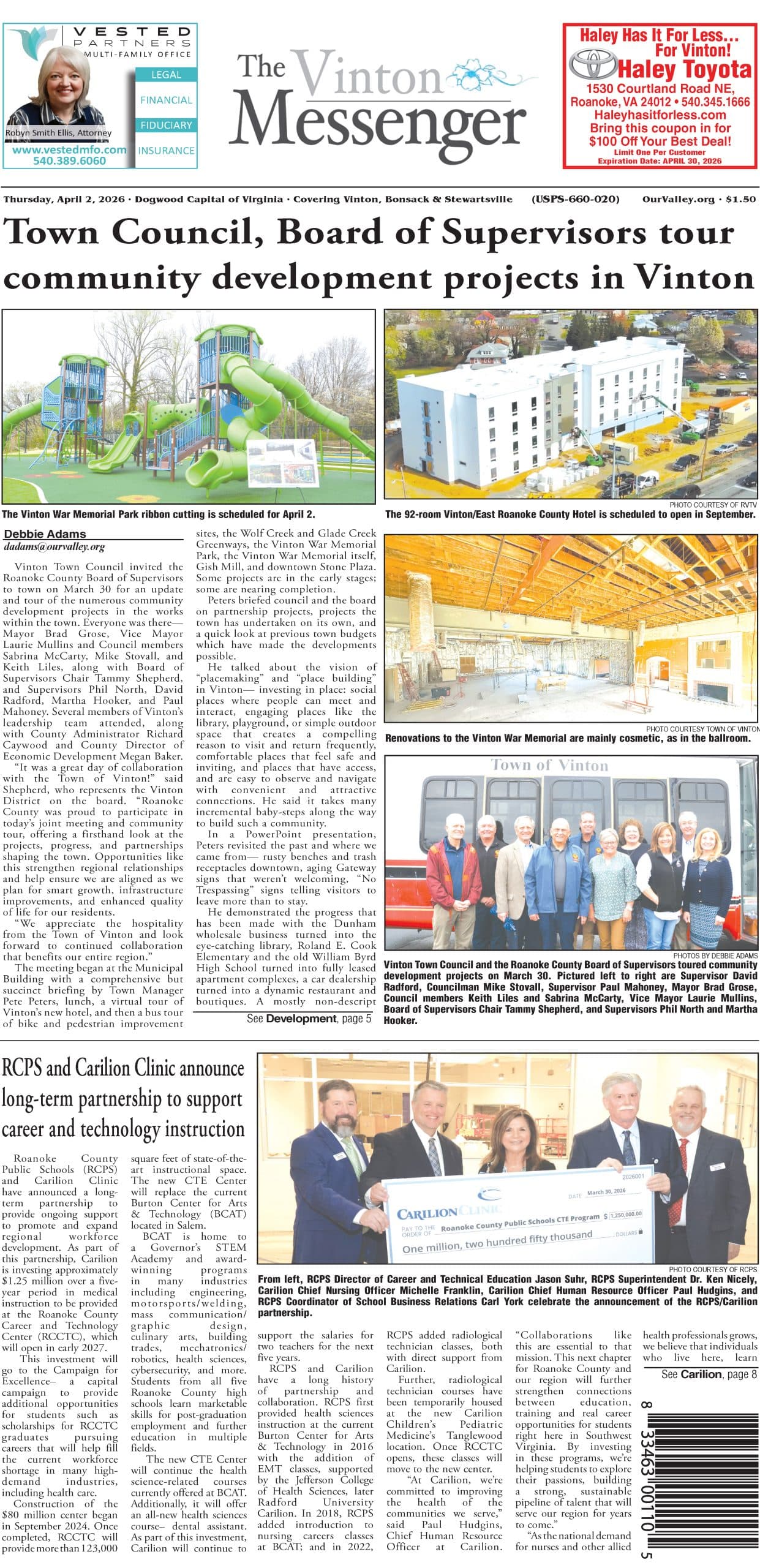 Vinton Messenger April 2 Edition Covers County News, Notices, Events