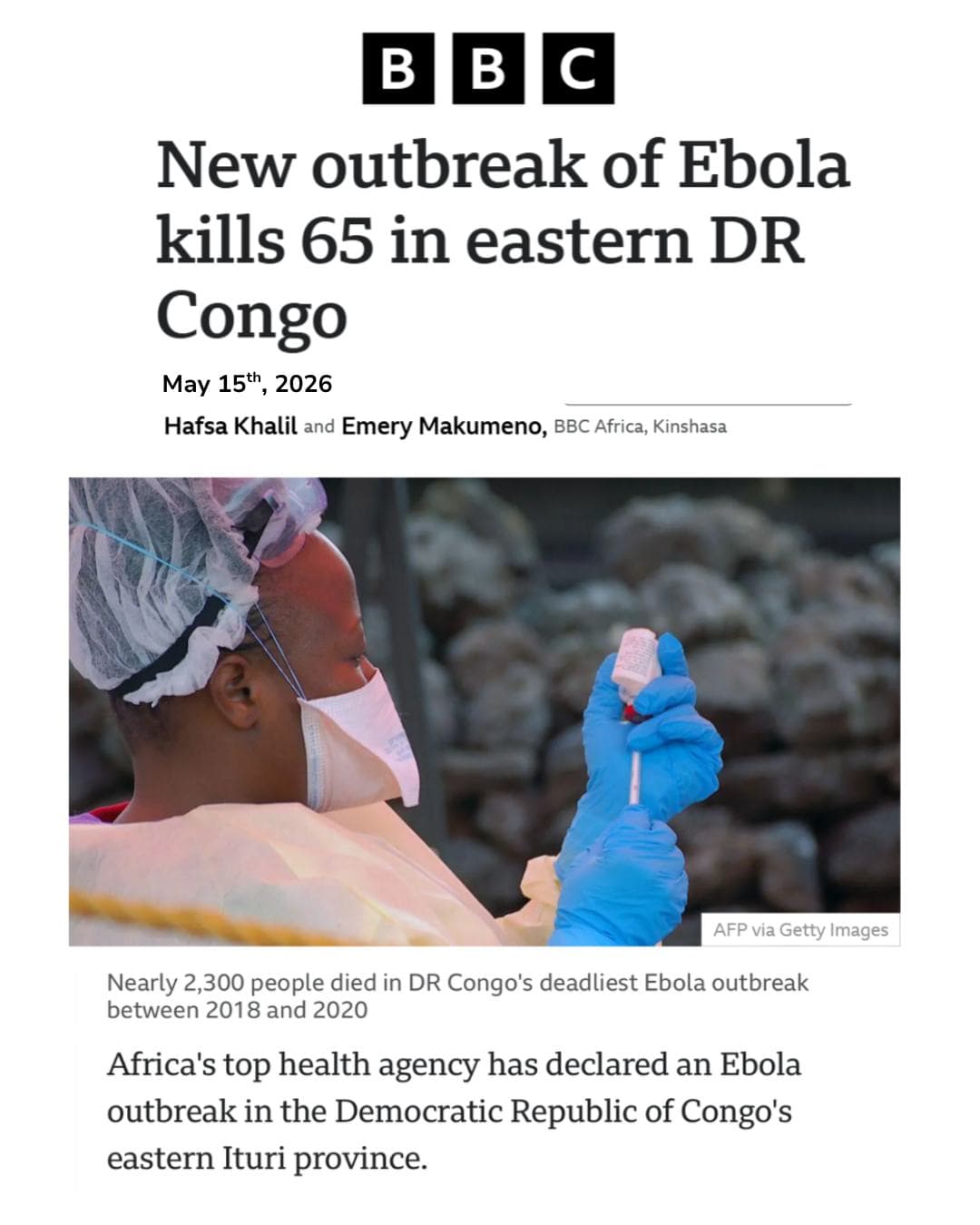 Congo confirms Ebola outbreak in Ituri, 65 deaths reported