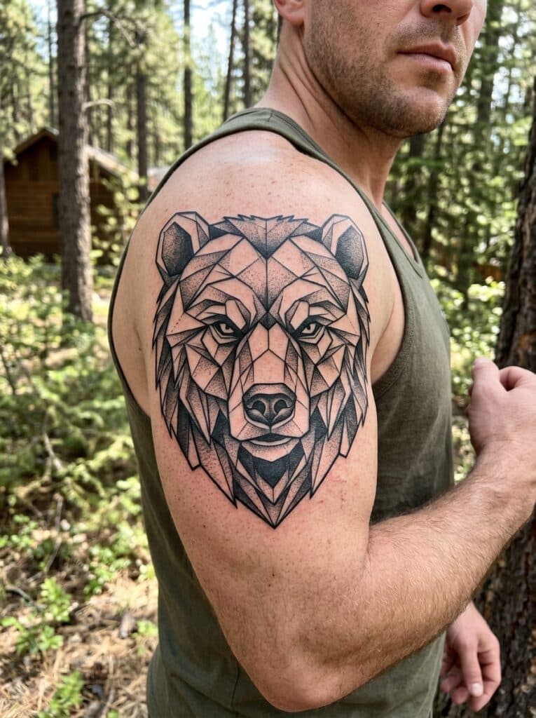Geometric bear tattoos sharpen animal symbolism through angular design