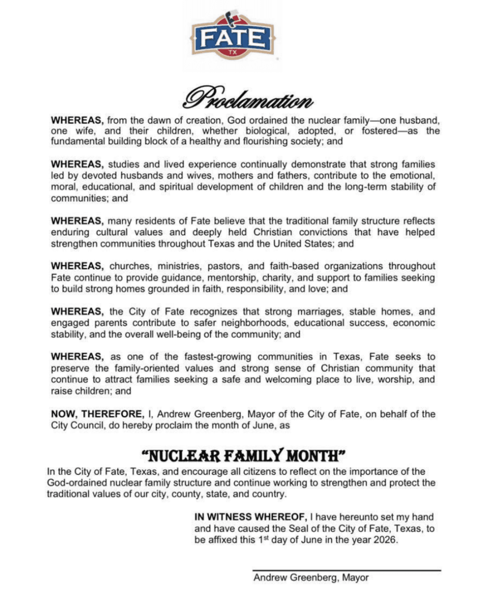 Fate proclaims Nuclear Family Month, drawing praise and criticism