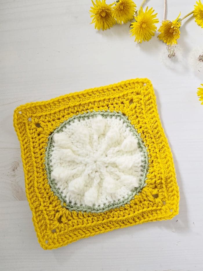 Dandelion granny square crochet pattern joins Granny Square Month