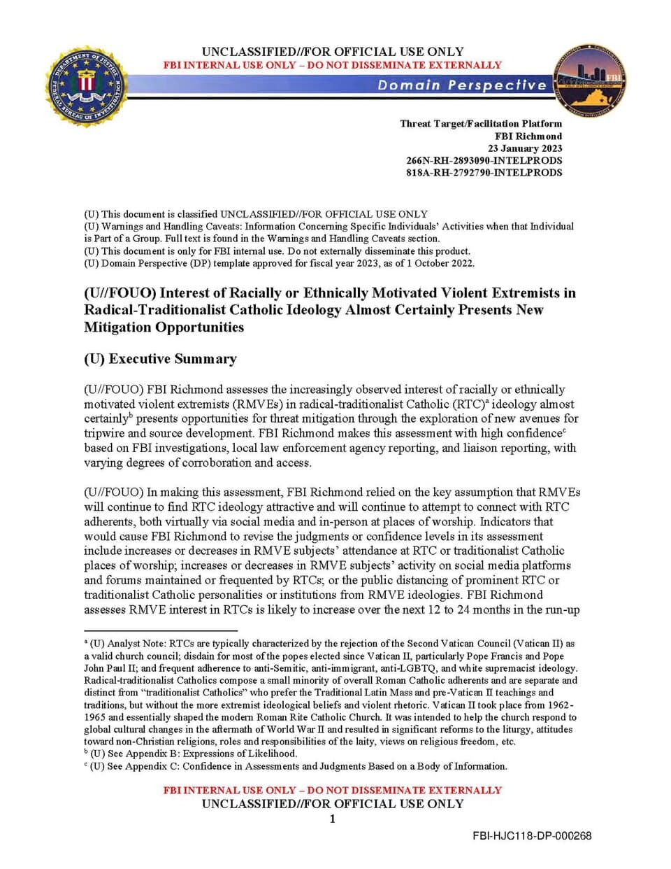 FBI fires analysts tied to withdrawn memo on Catholic extremists