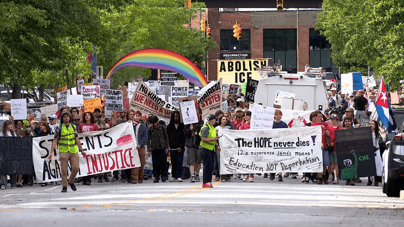 Hundreds rally in Asheville’s Pack Square for workers, schools, affordability