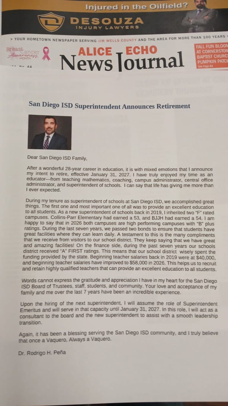 San Diego ISD Superintendent Dr. Rodrigo Peña retires after career of gains