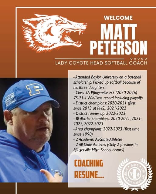 Alice ISD names Matt Peterson new Lady Coyote softball coach