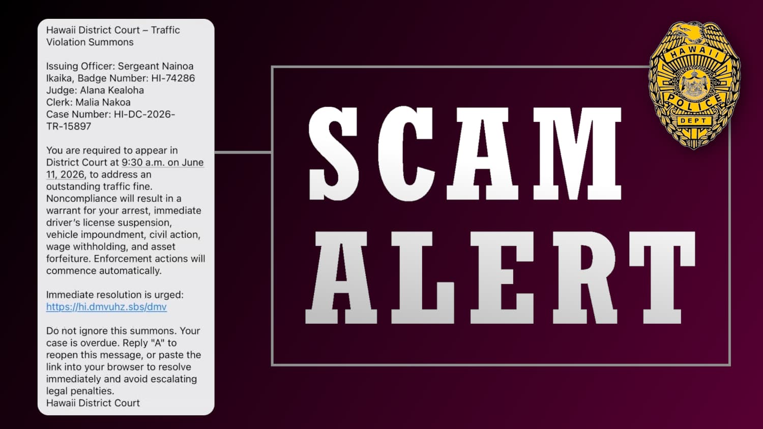 Police warn Big Island residents about fake court text scam