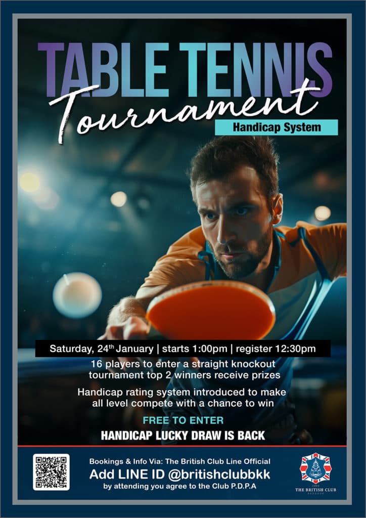 British Club Bangkok Table Tennis Tournament on 24 January 2026: Reserve Now