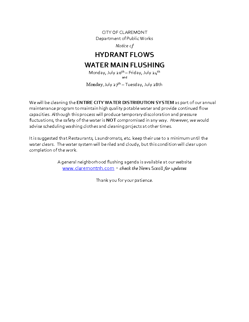Claremont schedules water system flushing for July 20-28