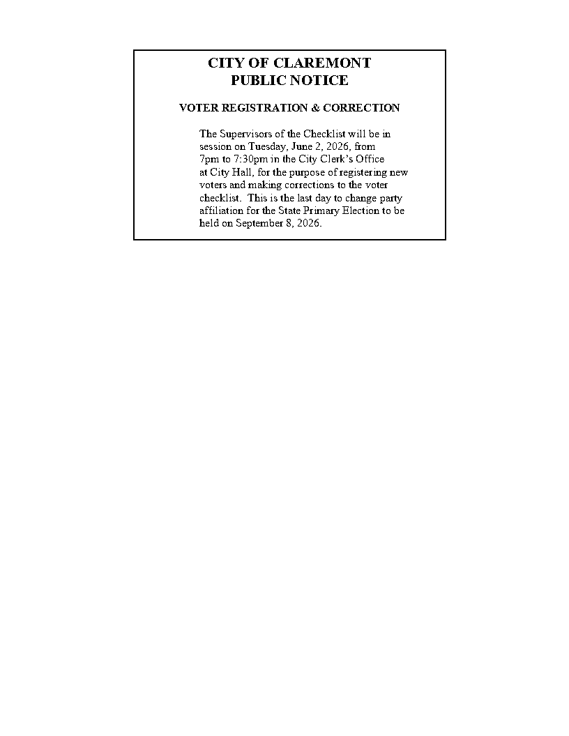 Claremont sets June 2 voter checklist session, party change deadline