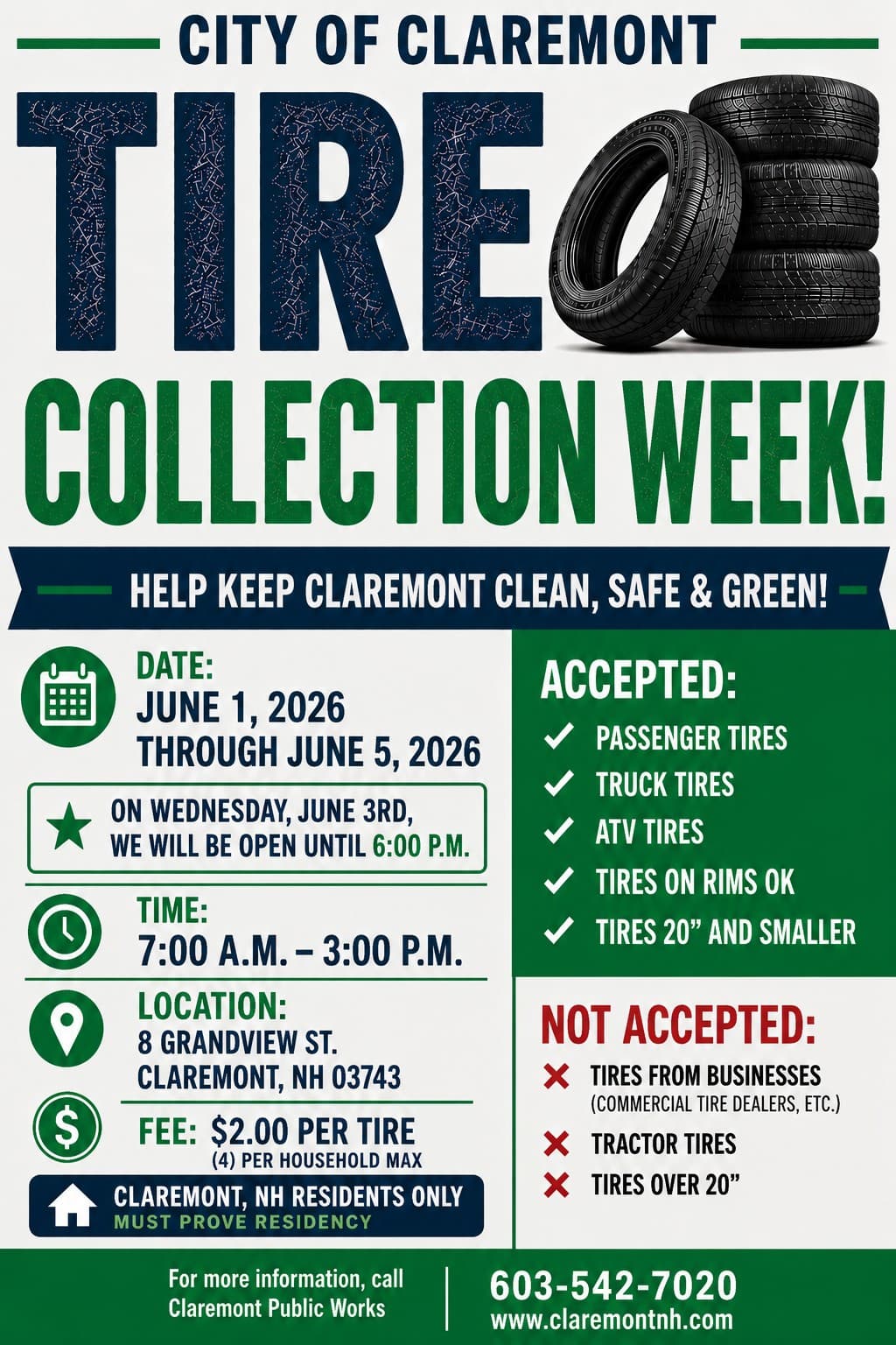 Claremont sets Tire Collection Week, June 1-5 for residents only