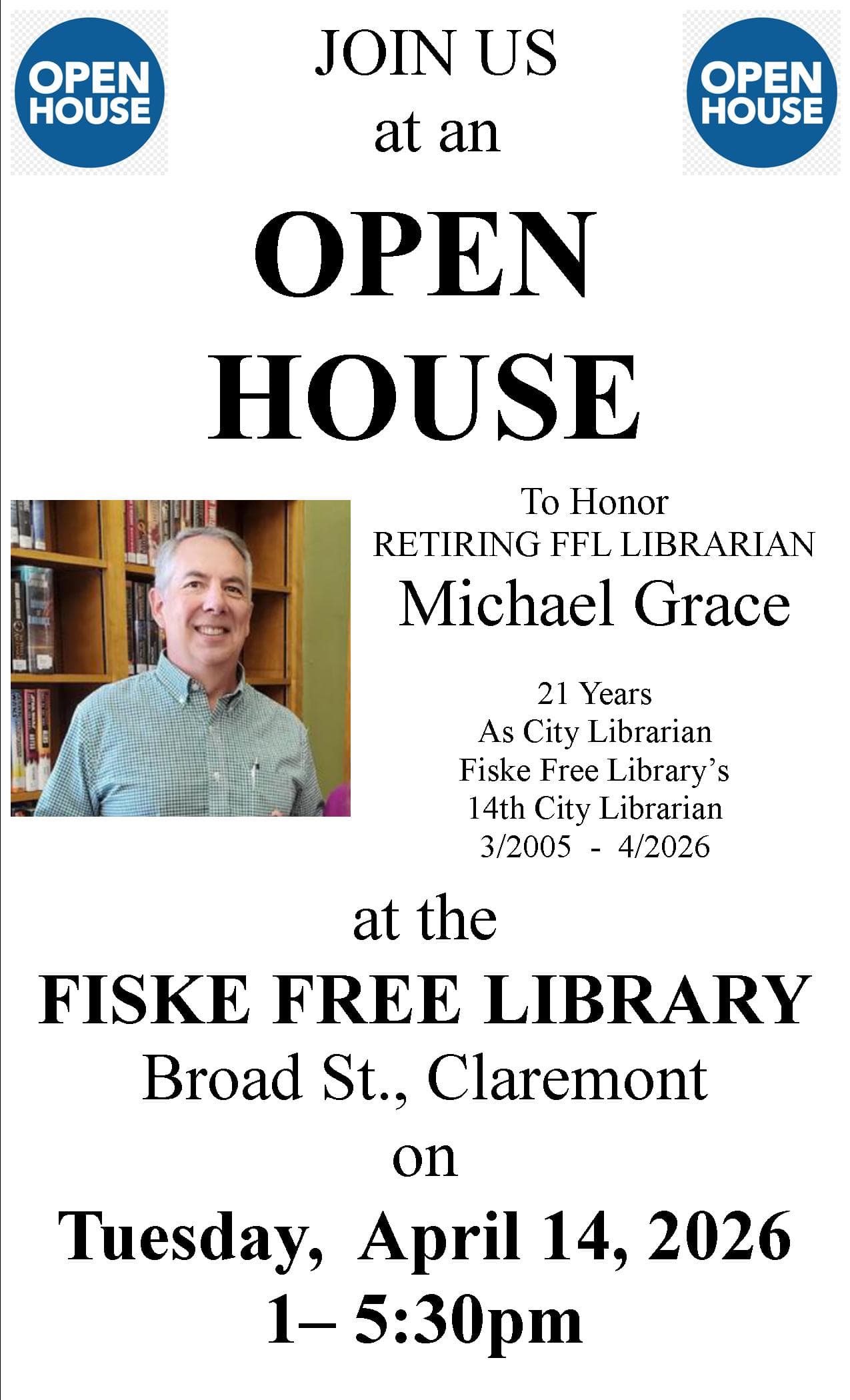 Claremont to honor Fiske Free Library Director Michael Grace at retirement event