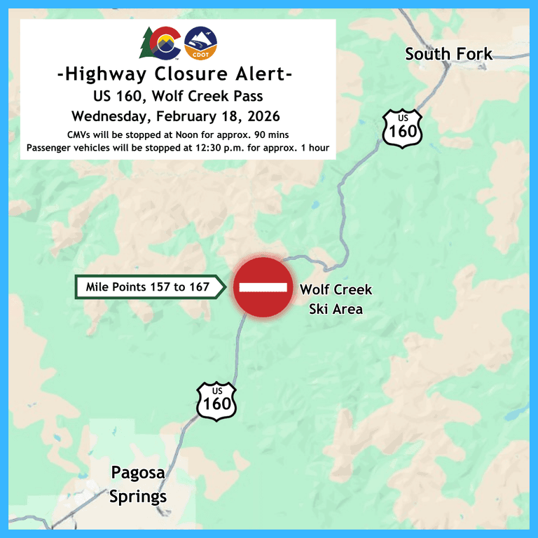 US 160 Wolf Creek Pass Closed Feb 18 for Safety-Critical Winter Maintenance