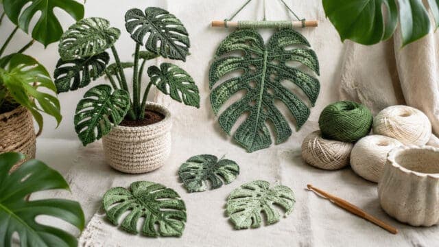 Monstera crochet patterns bring tropical leaves to modern décor