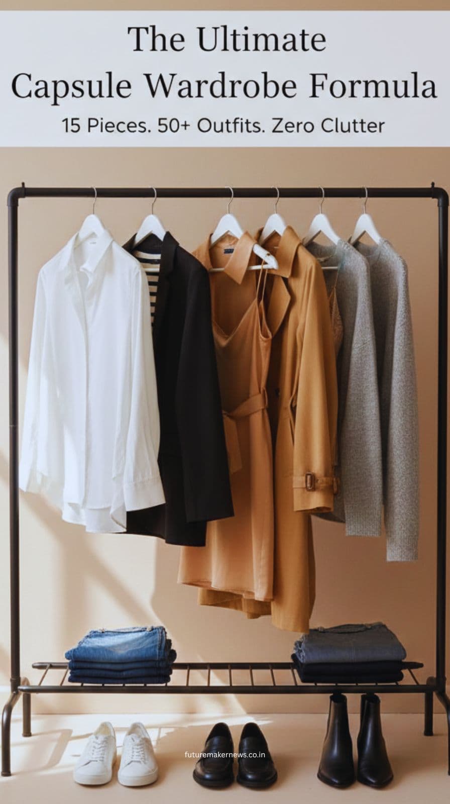 15-Piece Capsule Wardrobe With Five Tops and Three Bottoms Makes 50+ Outfits