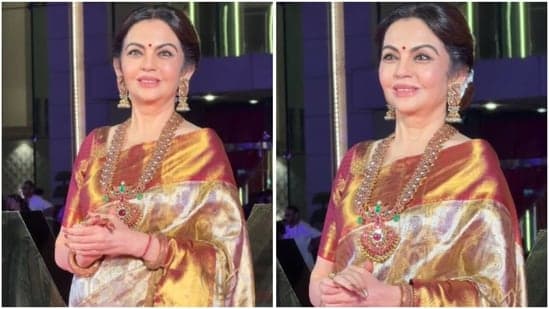 Nita Ambani steals the spotlight in molten gold silk saree and huge emerald-and-ruby necklace to mark 3 years of NMACC