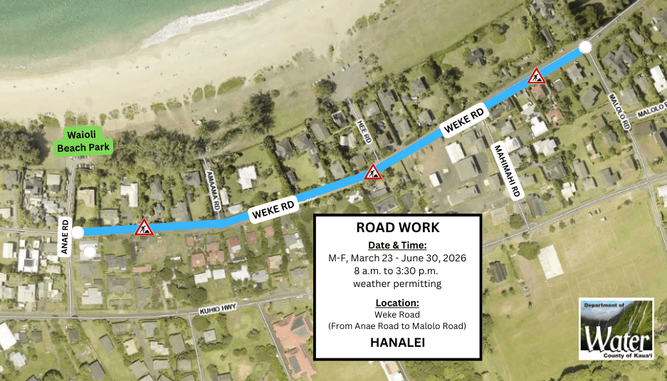 Hanalei Water Line Upgrade on Weke Road Begins March 23