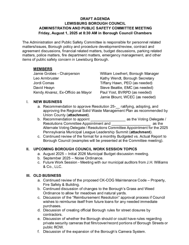 Lewisburg Borough Sets Virtual Safety Action Plan Meeting for March 26