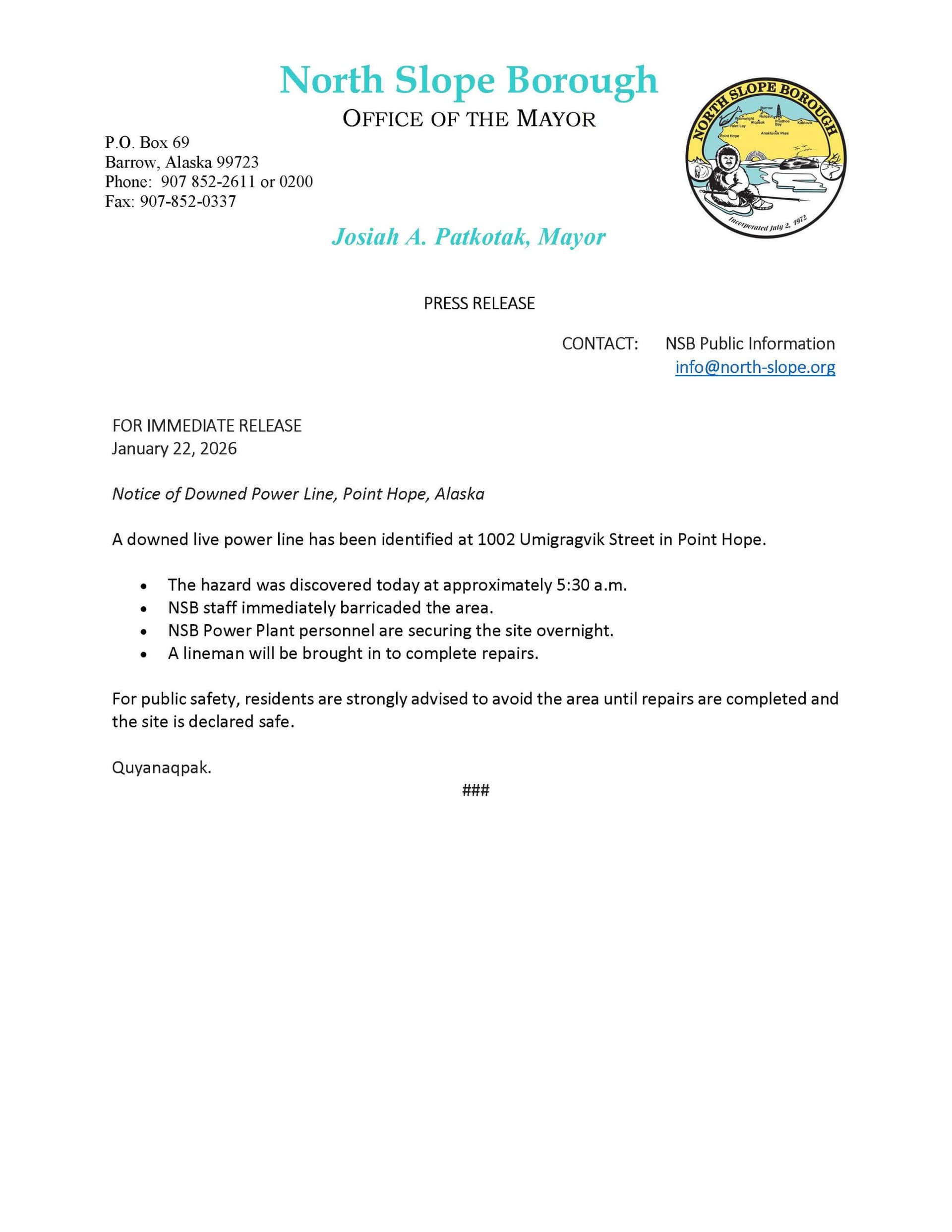 Downed Power Line Causes Outage in Point Hope; Borough Coordinates Repairs