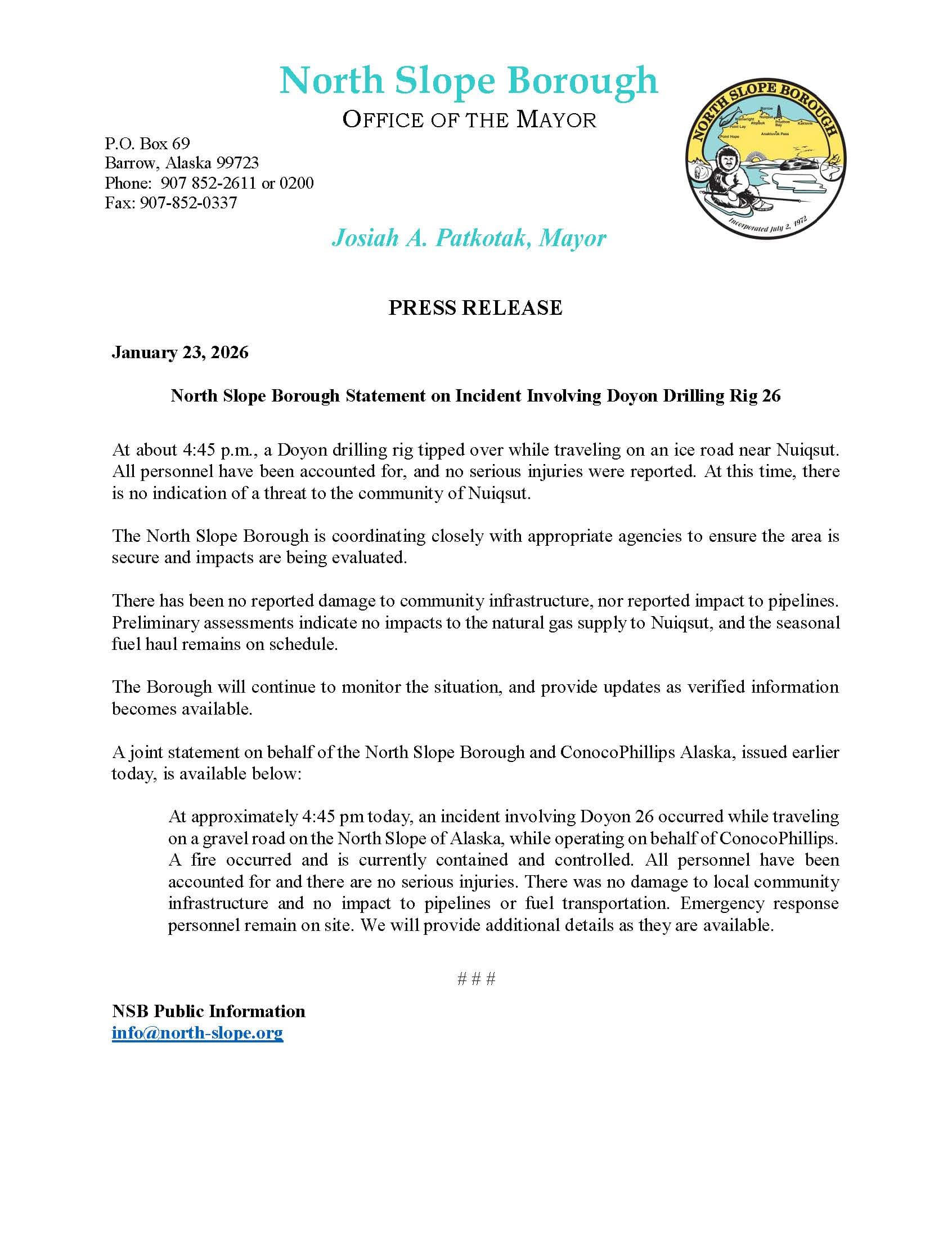 Doyon Drilling Rig Overturns Near Nuiqsut; Fire Contained, No Injuries