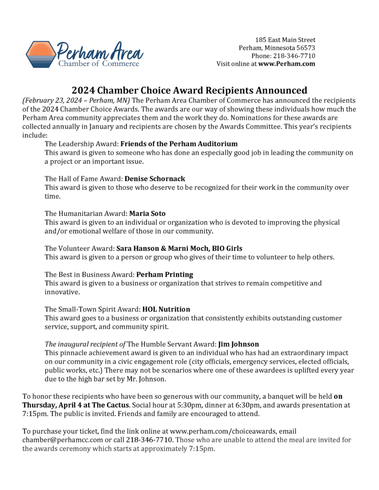 Perham Area Chamber of Commerce Reveals 2026 Chamber Choice Award Recipients