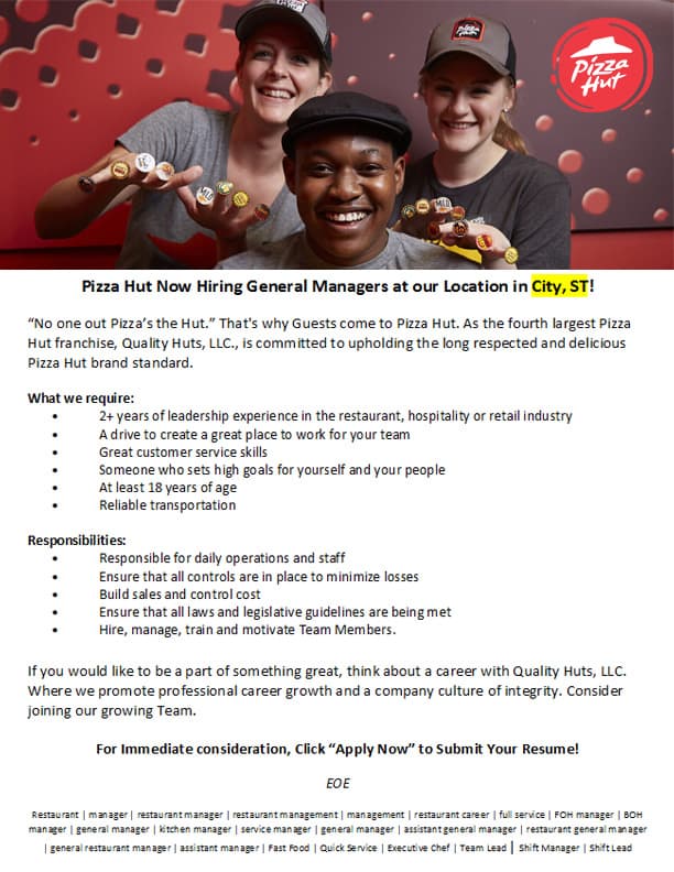 Pizza Hut general manager role offers training, benefits, and profit duties