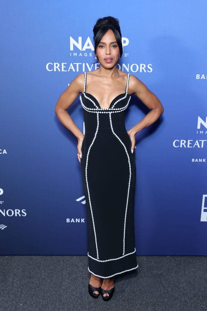 Kerry Washington Wears Georges Hobeika Gown with Pearl-Trimmed Slit and Beaded Straps