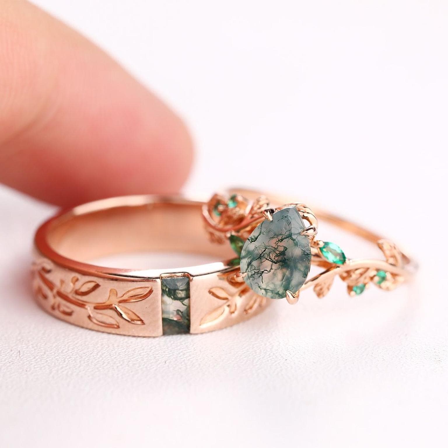 MollyJewelryUS blends moissanite, moss agate and sapphire in bridal designs