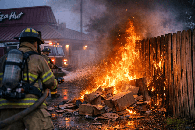 Small Box Fire Spreads Toward Wooden Fence at Chippewa Township Pizza ...